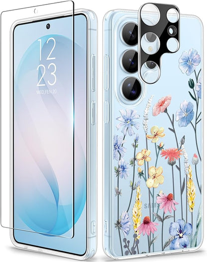 GVIEWIN for Samsung Galaxy S26 Ultra Case, Clear Floral Slim Shockproof Protective Women Phone Case, Non-Yellowing, with Screen Protector & Camera Lens Protector for S26 Ultra 6.9", Aconite/Light Blue