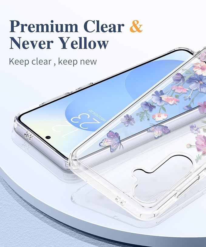 GVIEWIN for Samsung Galaxy S25 Plus Case, Clear Floral Slim Shockproof Protective Women Phone Case, Non-Yellowing, with Screen Protector & Camera Lens Protector for S25 Plus 6.7", Bloomwing/Blue