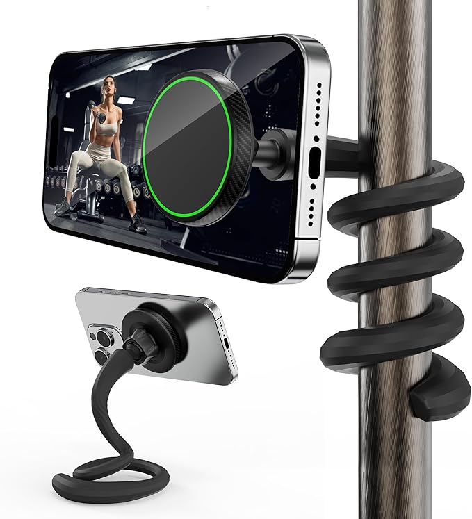 Flexible Phone Holder for Treadmill, Magnetic Gooseneck Cell Phone Mount Compatible w/ MagSafe, iPhone 17-12 & Android, Silicone Stand for Spin Bike Stroller Wheelchair Shopping Cart - Gym Accessories