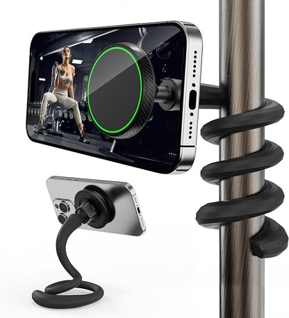 Flexible Phone Holder for Treadmill, Magnetic Gooseneck Cell Phone Mount Compatible w/ MagSafe, iPhone 17-12 & Android, Silicone Stand for Spin Bike Stroller Wheelchair Shopping Cart - Gym Accessories