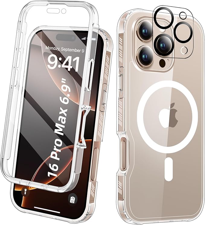 Compatible with iPhone 16 Pro Max Case Clear, Built-in Screen Protector, with Camera Lens Protector, [Compatible with MagSafe] Full Body Phone Case, Protective Cover for 16 ProMax 6.9" (Clear)