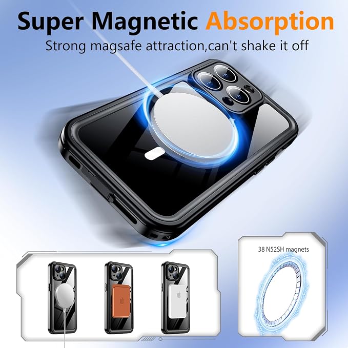 Temdan Magnetic for iPhone 14 Pro Case Waterproof, Built-in Screen Protector[IP68 Underwater][Compatible with MagSafe][Full Body Shockproof][Military Dropproof] Case for iPhone 14 Pro-Black/Clear