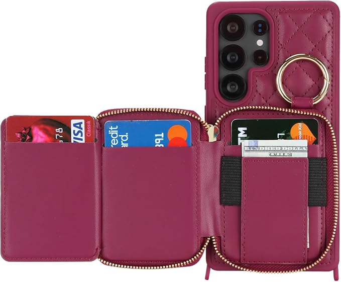 Crossbody Wallet Case for Galaxy S25 Ultra, PU Leather Zipper Handbag Purse Flip Cover, Kickstand Folio Case with Card Slots Holder Wrist Strap Lanyard -Dark red
