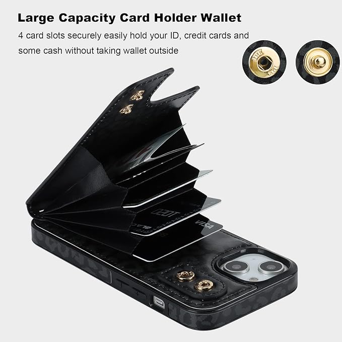 HAOPINSH for iPhone 13/ iPhone 14 Wallet Case with Card Holder, 360°Rotation Ring Kickstand, Black Leopard Cheetah Pattern, RFID Blocking Leather for Girls Women, Double Buttons Flip 6.1"