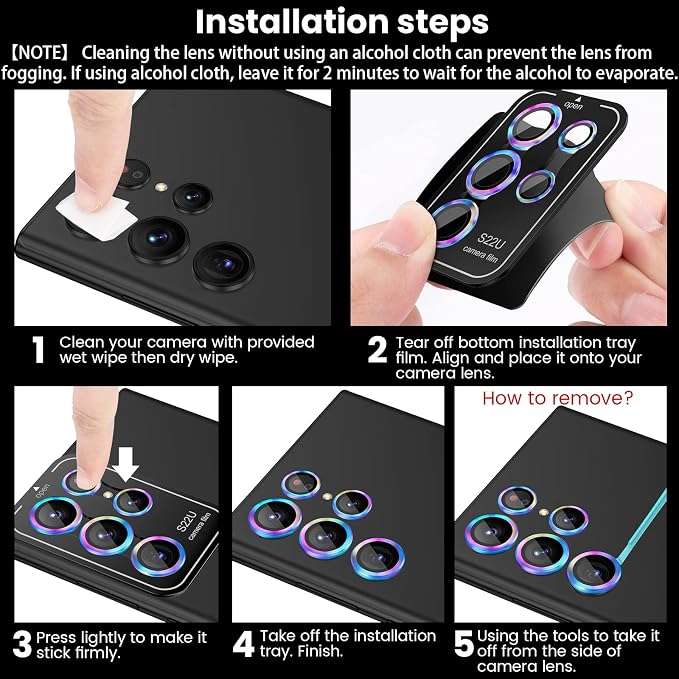 Tensea [3+2PCS for Samsung Galaxy S22 Ultra Camera Lens Protector, 9H Tempered Glass Camera Cover Screen Protector Metal Individual Ring, S22 Ultra 5G 2022 [Installation Tray][Removal tool]- Colorful