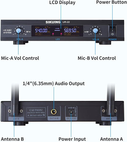 Dual Channel UHF Wireless Microphone System, 2x30 Adjustable Frequencies, Lavalier & Headset Microphone System for Meeting, Church, 300ft Range (2 Bodypack)