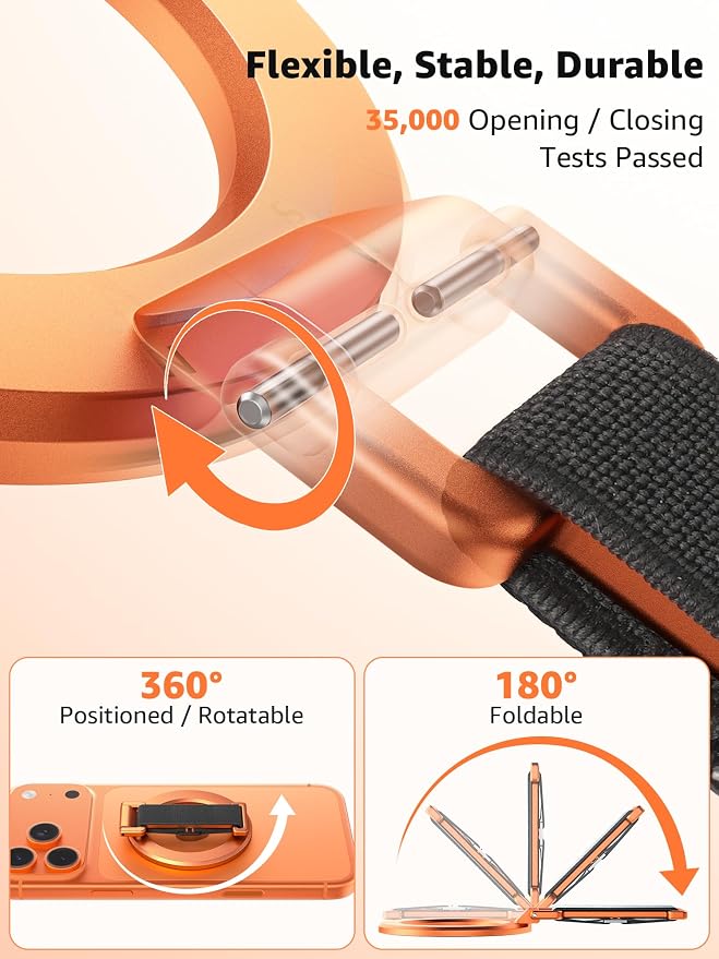 SUPERONE Magnetic Phone Grip with Finger Strap, Removable Magnetic Ring Holder with Kickstand Finger Loop, Accessories for iPhone 17/16/15/14/13/12 Series, Orange