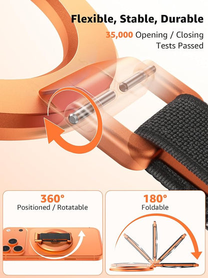 SUPERONE Magnetic Phone Grip with Finger Strap, Removable Magnetic Ring Holder with Kickstand Finger Loop, Accessories for iPhone 17/16/15/14/13/12 Series, Orange