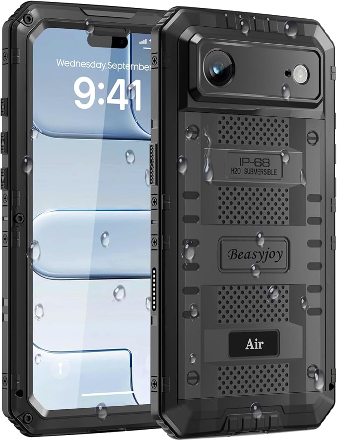 Beasyjoy for iPhone Air Case Waterproof, Heavy Duty Metal Full Body Protection, Built-in Screen Protector, Military Grade Shockproof Rugged Hard Phone Cover for iPhone 17 Air 6.5", Black