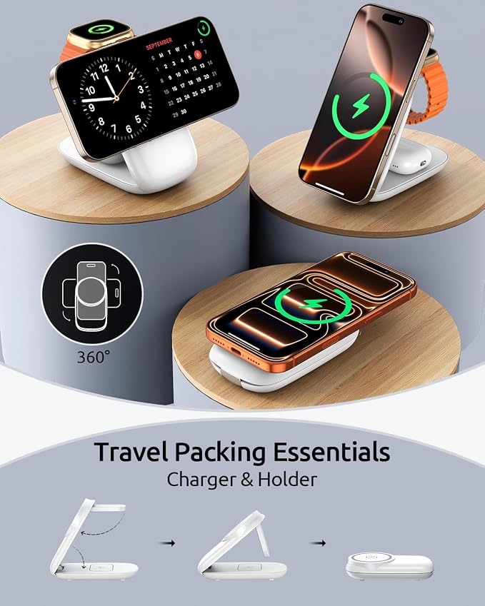 3-in-1 Wireless Charging Station for MagSafe,Foldable Magnetic Stand for iPhone 17/16/15-12 Series, Apple Watch/AirPods,Fast Charger for Qi Phones - Ideal for Home/Office/Travel (White, Normal)