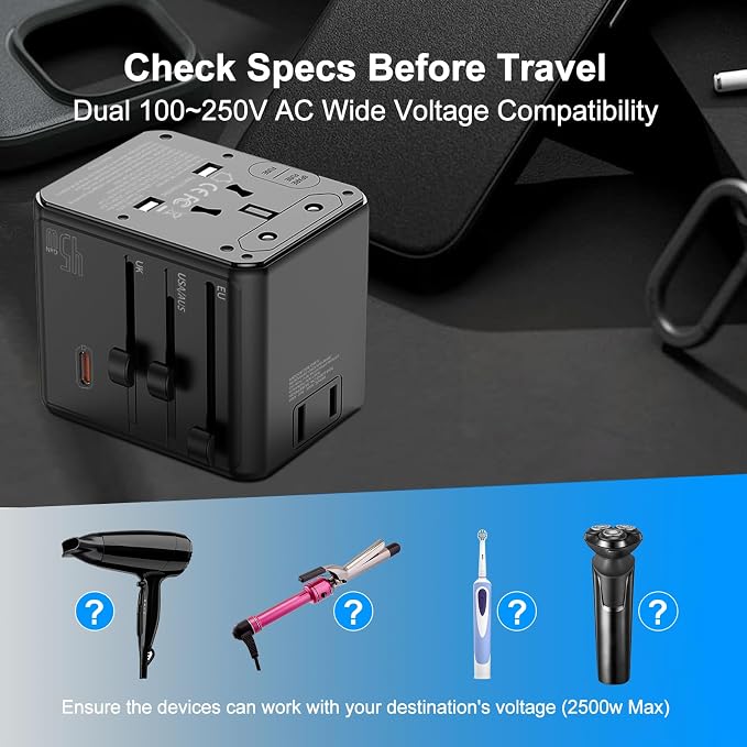 Universal Travel Adapter, International Power Plug Converter with 45W PD Charger, 2500W Support, All-in-One AC Adapter Travel Essentials for Europe EU UK US AUS, Type C Port