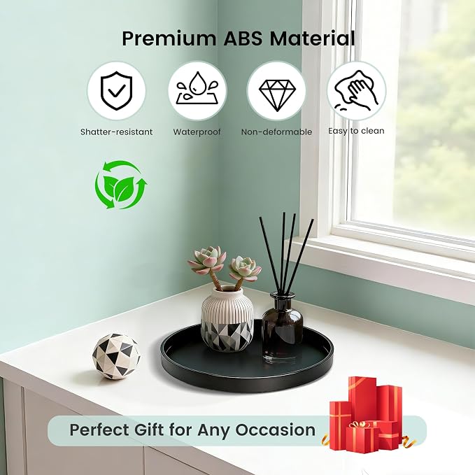 1 Pack 8" Bathroom and Vanity Tray, ABS Bathroom Counter Organizer, Coffee Table Decor for Perfume, Candles, Keys &More. Kitchen Countertop Organizer, Decorative Tray Soap Holder, Black
