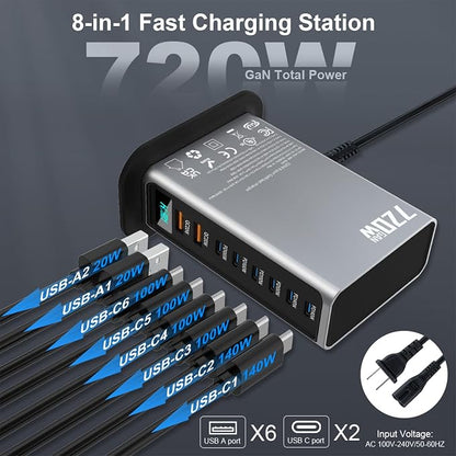 720W USB C Fast Charger Block, PD 3.1 140W 8 Port USB Charging Station, GaN Ⅲ Fast Charging Station for Multiple Devices, Laptop Charger Station Compatible with iPhone 17/iPad/MacBook,Samsung, Silver