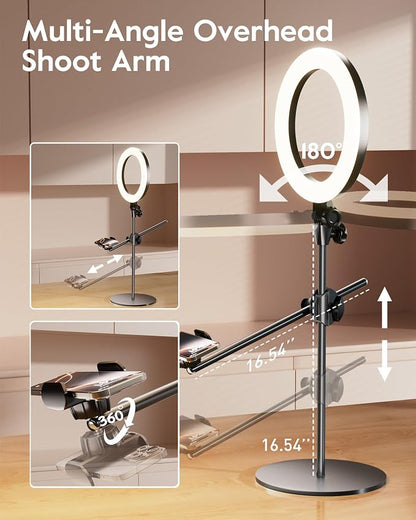 Ring Light Overhead Camera Mount for Desk, LUXSURE 10.5" Ring Light with Stand for iPhone, Adjustable Overhead Tripod with Shooting Arm & Phone Holder for Video Recording, Content Creation, Cooking