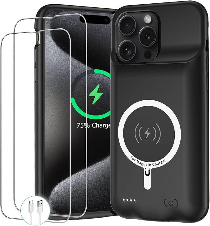 Battery Case for iPhone 15 Pro Max,12000mAh Portable Protective Charging Case with Wireless Charging Compatible for iPhone 15 Pro Max (6.7 inch) Extended Battery Pack Charger Case with Carplay (Black)