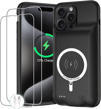 Battery Case for iPhone 15 Pro Max,12000mAh Portable Protective Charging Case with Wireless Charging Compatible for iPhone 15 Pro Max (6.7 inch) Extended Battery Pack Charger Case with Carplay (Black)