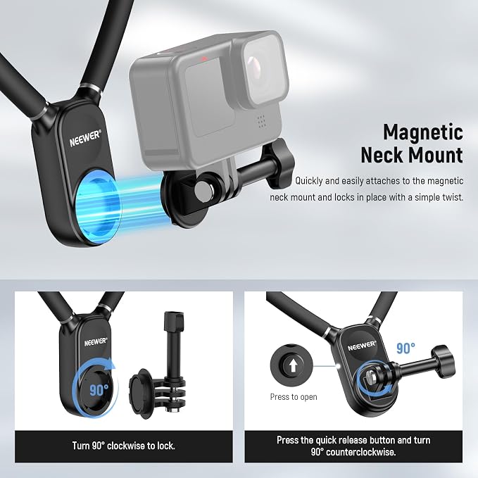 NEEWER Magnetic Neck Mount Compatible with GoPro Hero 13 12 11 MAX DJI Action 4 Insta360 iPhone 15 Pro Max Samsung S23, Quick Release Flexible POV Action Camera Neck Mount Adapter & Phone Holder, GP15