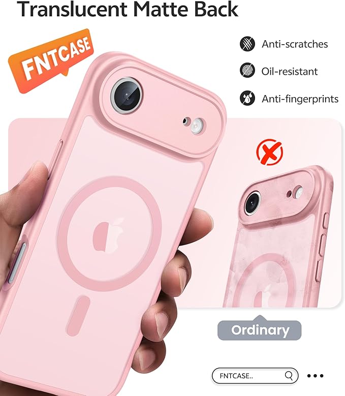 FNTCASE for iPhone Air Case: [Compatible with Magsafe] Translucent Matte Cases with [Full Camera Protection] [Screen Protector] Military Grade Shockproof Protective Phone Cover - Light Pink