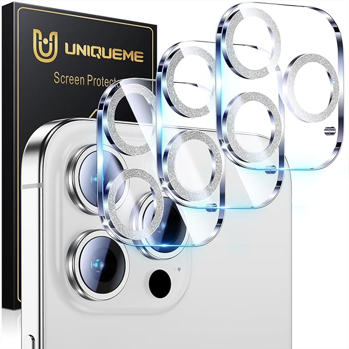 UniqueMe for 3 Pack iPhone 15 Pro/iPhone 15 Pro Max Camera Lens Protector, [Drop Protection] [Case Friendly] 9H Tempered Glass Camera Cover Screen [Update New Version] - Glitter Silver