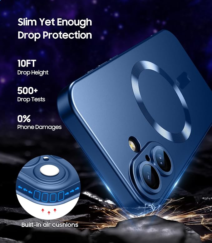 Magnetic for iPhone 17 Case [Compatible with MagSafe][Built-in Camera Lens Protector] Slim Thin Soft Silicone Bumper Shockproof Metallic Luster Phone Case (Blue)