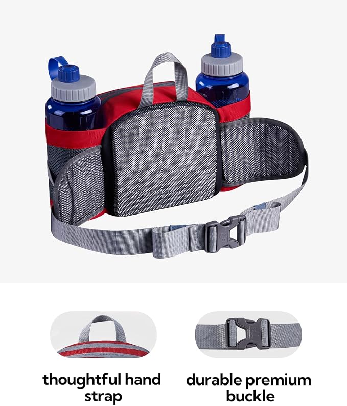 WATERFLY Fanny Pack Waist Bag: Fannie Pack 2 Water Bottle Holders Lumbar Belt Hiking Walking Running Jogging Camping Large Woman Man (Bottle Not Included)