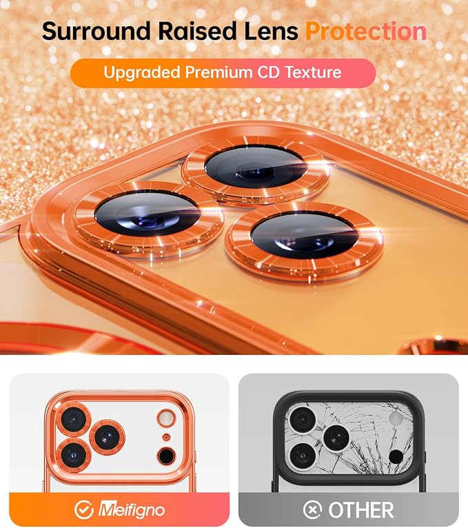 Meifigno Designed for iPhone 17 Pro Max Magnetic Case with Removable Phone Ring Stand, Glitter Card & Wrist Strap, Compatible with MagSafe, Built in Mirror, Phone Ring Holder + Case Kit, Orange