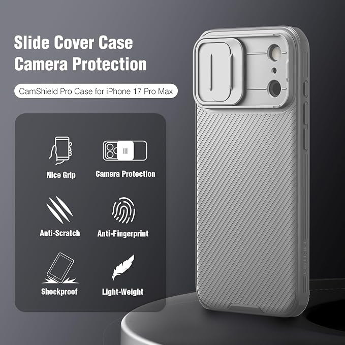 Nillkin Camshield Case for iPhone 17 Pro Max Case, [Built-in Dual Camera Cover][Slim Profile] [Military Grade Drop Protection] Shockproof Bumper Phone Case 6.9 inch 2025 Gray