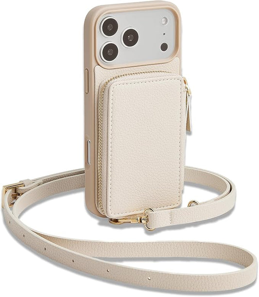 ZVE for iPhone 17 Pro Wallet Case, RFID Blocking Leather Crossbody Phone Purse with Detachable Strap 6.3" Beige