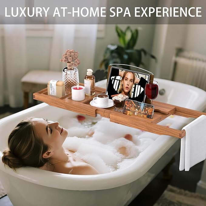 Teak Bathtub Caddy Tray for Tub, Foldable Luxury Bath Table Tray with Book and Wine Glass Holder, Expandable Bathroom Accessories for Spa or Reading
