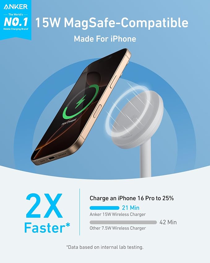 Anker MagGo iPhone 17 MagSafe Charger Compatible Stand, 15W Fast Magnetic Wireless Charging Station, Qi2 Certified 360° Wireless Charger (White, with Cable & Adapter)
