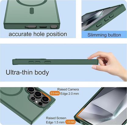 For Samsung Galaxy S24 Ultra Case [Compatible with Magsafe] Translucent Matte Magnetic Phone Case,Slim Thin Duty Shockproof Protection Cover with 2pc Screen Protector Case for S 24 Ultra-Dark green