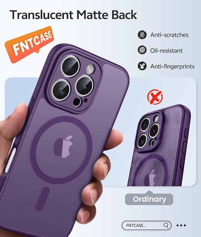 FNTCASE for iPhone 16 Pro Max Case: [Compatible with Magsafe] Translucent Matte Cases with [Full Camera Protection] [Screen Protector] Military Grade Shockproof Protective Phone Cover - Purple