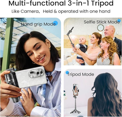 Portable Selfie Stick Tripod with Dual Fill Lights & Bluetooth Remote – 3-in-1 Pocket Size Phone Tripod with 2 Cold Shoe Mounts for iPhone Android – Mini Video Stand for Live Streaming