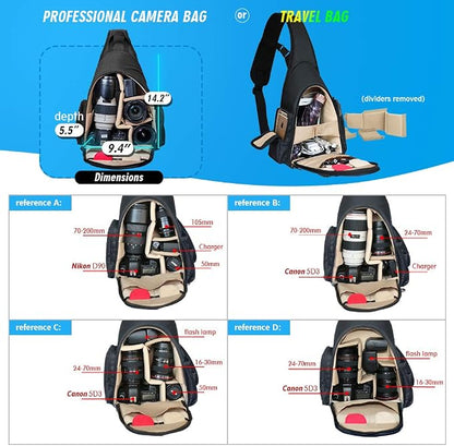 DSLR Camera Bag Waterproof Camera Sling Backpack with Rain Cover Outdoor Travel Backpack Camera Bag Case for Laptop Canon Nikon Sony Pentax DSLR Cameras,Lens,Tripod and Accessories (Black)