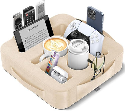 Couch Cup Holder Pillow, Sofa and Bed Caddy for iPad, Kindle, Switch, Game Controller, Remotes, Phones, Small-Sized Cup and Drink Holder for Couch, Bed, Desk, Car, Beach, Bathroom Cup Holder, Khaki