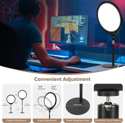 10W 12" Ring Light with Desk Stand & Phone Holder, Dimmable 360° Rotatable LED Full Screen Computer Lamp for Zoom Meetings, Streaming, Gaming, TikTok,YouTube,Videos with Night Light Mode