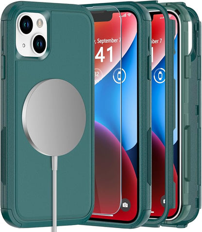 Diverbox Heavy Duty Magnetic Case for iPhone 14 [with Screen & Camera Lens Protector] (Dark Green)