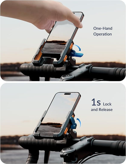 Bike Phone Mount for Electric, Mountain, Scooter, and Dirt Bikes [Camera Friendly] [1s Lock] Universal 360° Bicycle Handlebar Holder for iPhone 15/14/13 Samsung S23/S22 4.5-7" Smartphone (Orange)