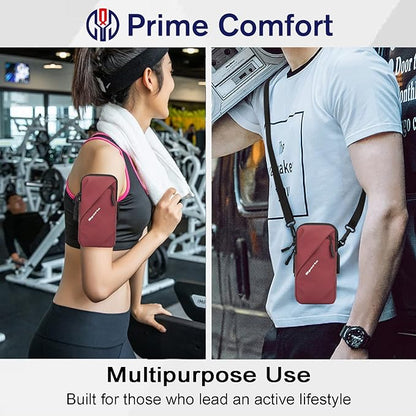 Prime Comfort Cell Phone Holder, Small Crossbody Shoulder Holsters Bag with Arm Band, Fits iPhone and Android, Use for Running, Walking, Hiking & Biking (6.7 Inches, Red)