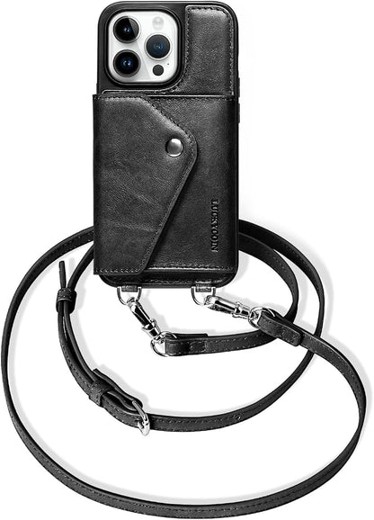 LUCKYCOIN for iPhone 14 Pro Crossbody Wallet Case – Genuine Leather Phone Purse with Adjustable Strap and Card Holder,Lanyard Phone Purse Case for Women,Vintage Black