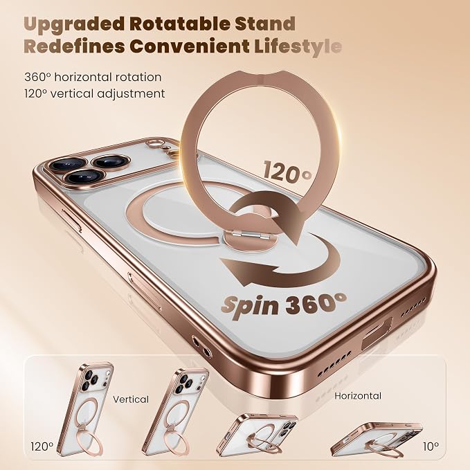 GolbinBox for iPhone 17 Pro Max Case with 360° Spin Magnetic Stand,[Compatible with Magsafe] [Military Protection][Built-in Ring Holder] Camera Control Phone Case for 17 Pro Max,Rose Gold/Clear