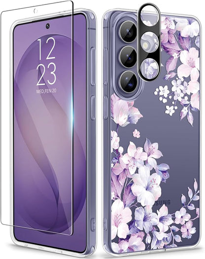 GVIEWIN for Samsung Galaxy S26 Plus Case, Clear Floral Slim Shockproof Protective Women Phone Case, Non-Yellowing, with Screen Protector&Camera Lens Protector for S26 Plus 6.7", Foliolosa/Purple
