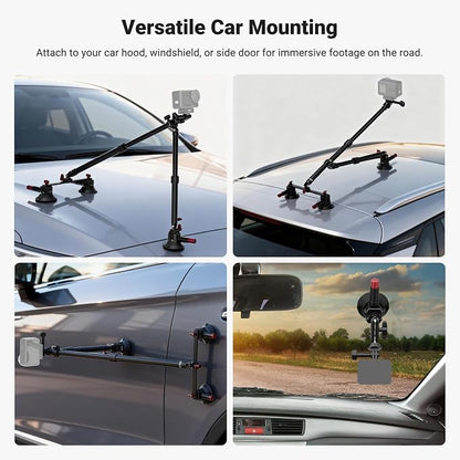 NEEWER Triple Suction Cup Car Mount Kit, Two 24" Aluminum Alloy Extension Poles, NATO Rail, Action Camera Adapter Compatible with GoPro DJI Insta 360, Max Load 2.2 lb, CA166