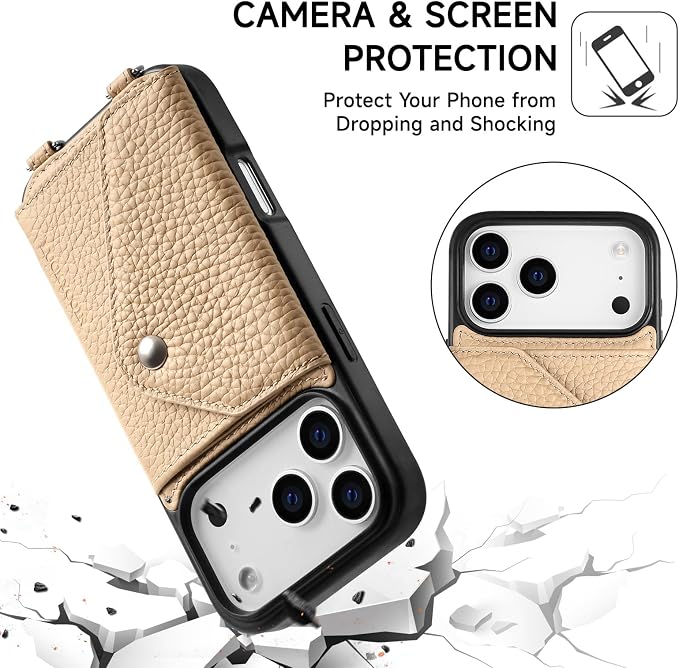 LUCKYCOIN for iPhone 17 Pro Crossbody Wallet Case – Genuine Leather Phone Purse with Adjustable Strap and Card Holder,Lanyard Phone Purse Case for Women,Pebble Grain Beige