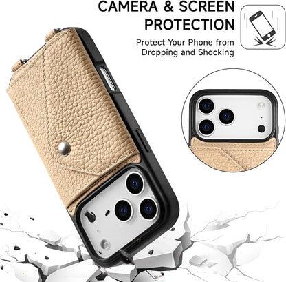 LUCKYCOIN for iPhone 17 Pro Crossbody Wallet Case – Genuine Leather Phone Purse with Adjustable Strap and Card Holder,Lanyard Phone Purse Case for Women,Pebble Grain Beige