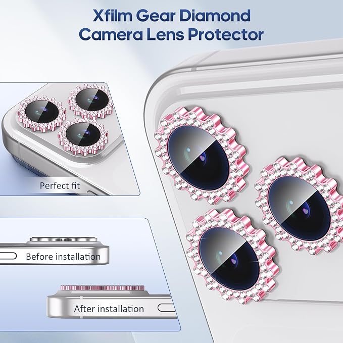 Xfilm for iPhone 17 Pro / 17 Pro Max Camera Lens Protector Gear Bling Diamond, Individual Metal with 9H Hardness, Scratch-Proof Camera Screen Protector, Stylish Accessories, Case Friendly (Pink)