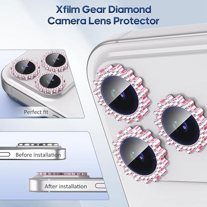 Xfilm for iPhone 17 Pro / 17 Pro Max Camera Lens Protector Gear Bling Diamond, Individual Metal with 9H Hardness, Scratch-Proof Camera Screen Protector, Stylish Accessories, Case Friendly (Pink)