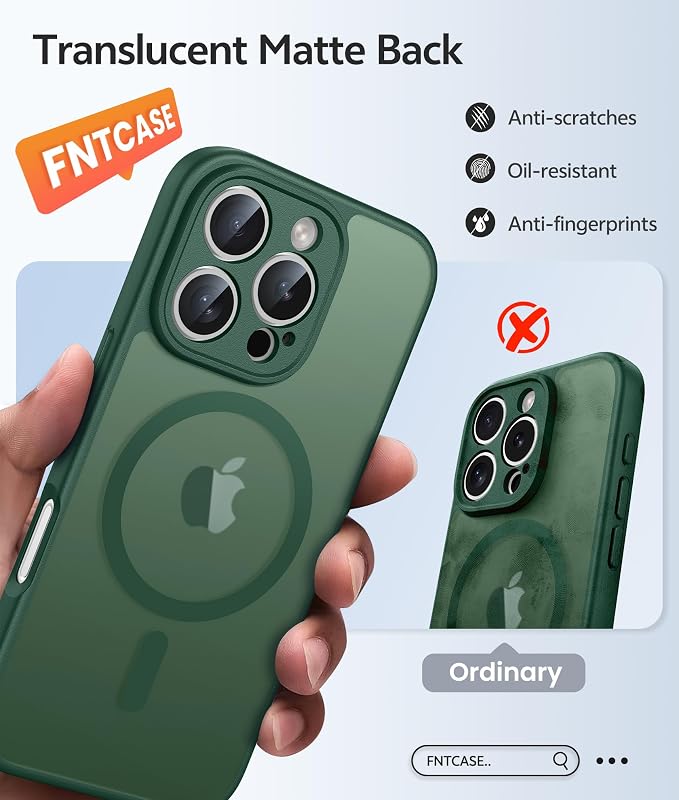 FNTCASE for iPhone 16 Pro Max Case: [Compatible with Magsafe] Translucent Matte Cases with [Full Camera Protection] [Screen Protector] Military Grade Shockproof Protective Phone Cover - Green