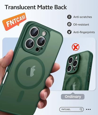 FNTCASE for iPhone 16 Pro Max Case: [Compatible with Magsafe] Translucent Matte Cases with [Full Camera Protection] [Screen Protector] Military Grade Shockproof Protective Phone Cover - Green