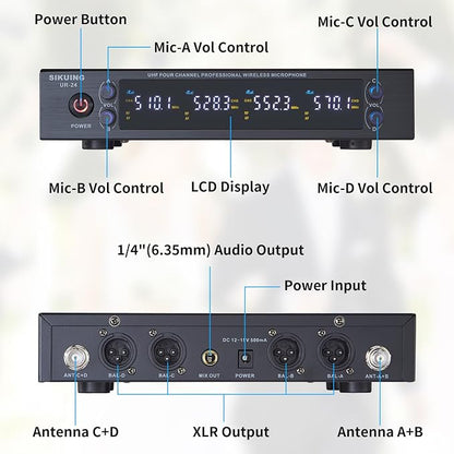 4 Channel UHF Wireless Microphone System with Lavalier Headset Mics, 4x50 Adjustable Frequencies, Ideal for Karaoke Meeting Church, 300ft Range (4 Bodypack)